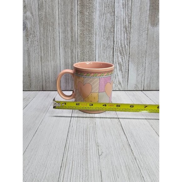 Vintage Russ Berrie Heart Patchwork Coffee Tea Mug Cup Pink 4'' Tall - Set Of 4 - Picture 4 of 5